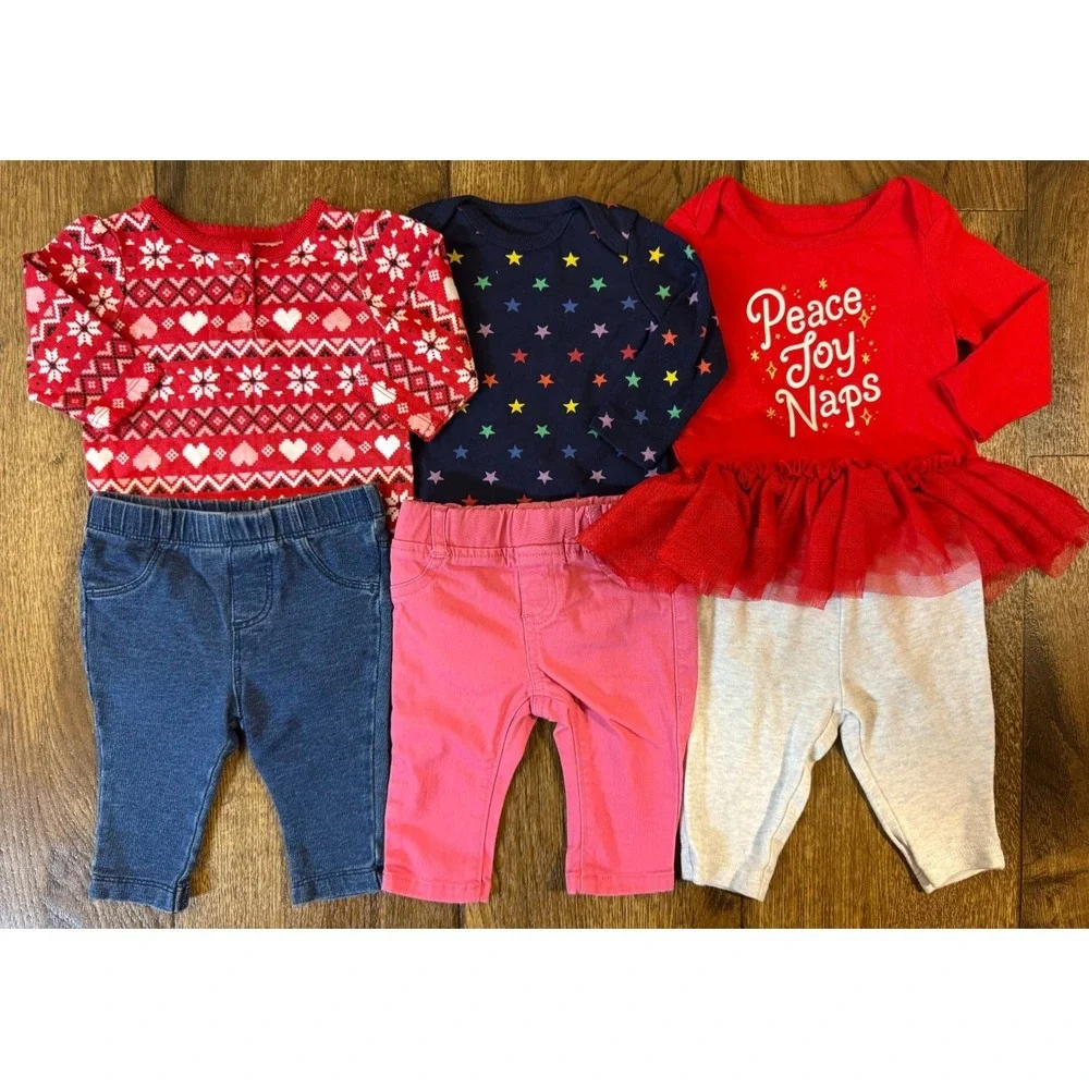 Baby Girl 0/3 Months Clothes Lot Outfits Pants Long Sleeve Shirts Peace Joy Naps